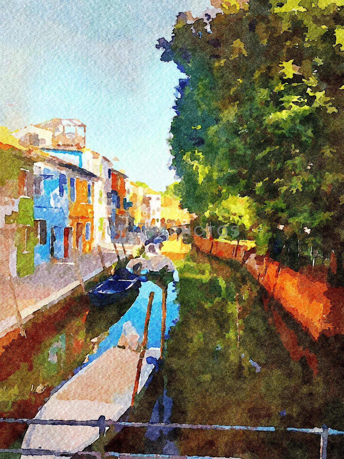 Watercolor representing some typical colored buildings and a bridge over one of the canals in Burano in Venice