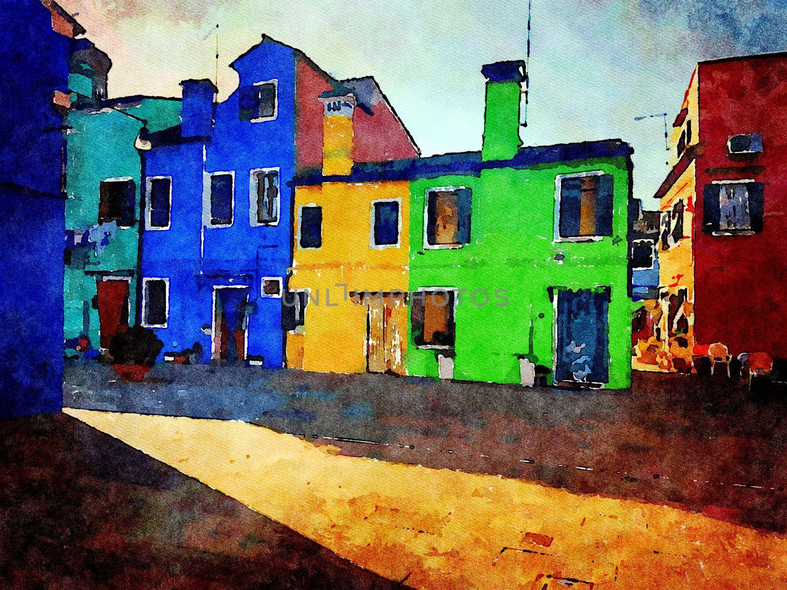 Watercolor which represents a glimpse of the small colored buildings in the historic center of Burano in Venice