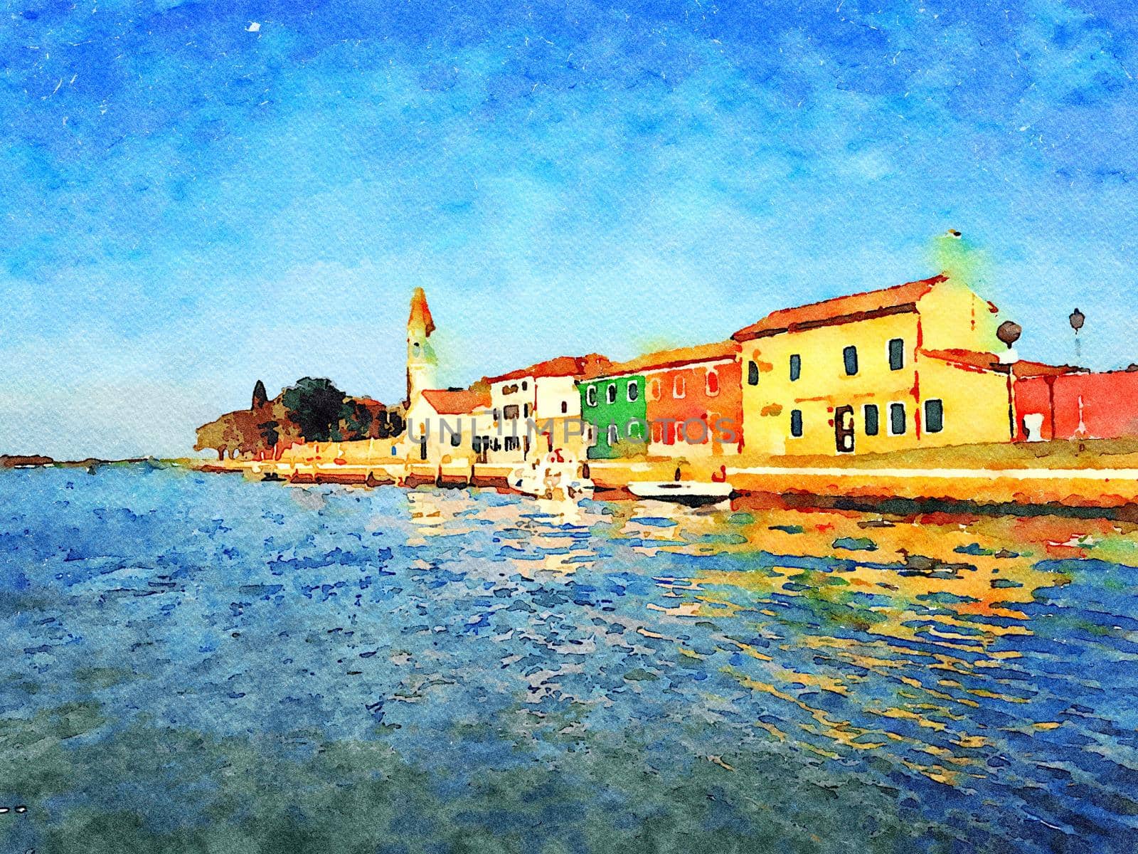 Watercolor which represents a glimpse of the historic buildings overlooking the Venice lagoon
