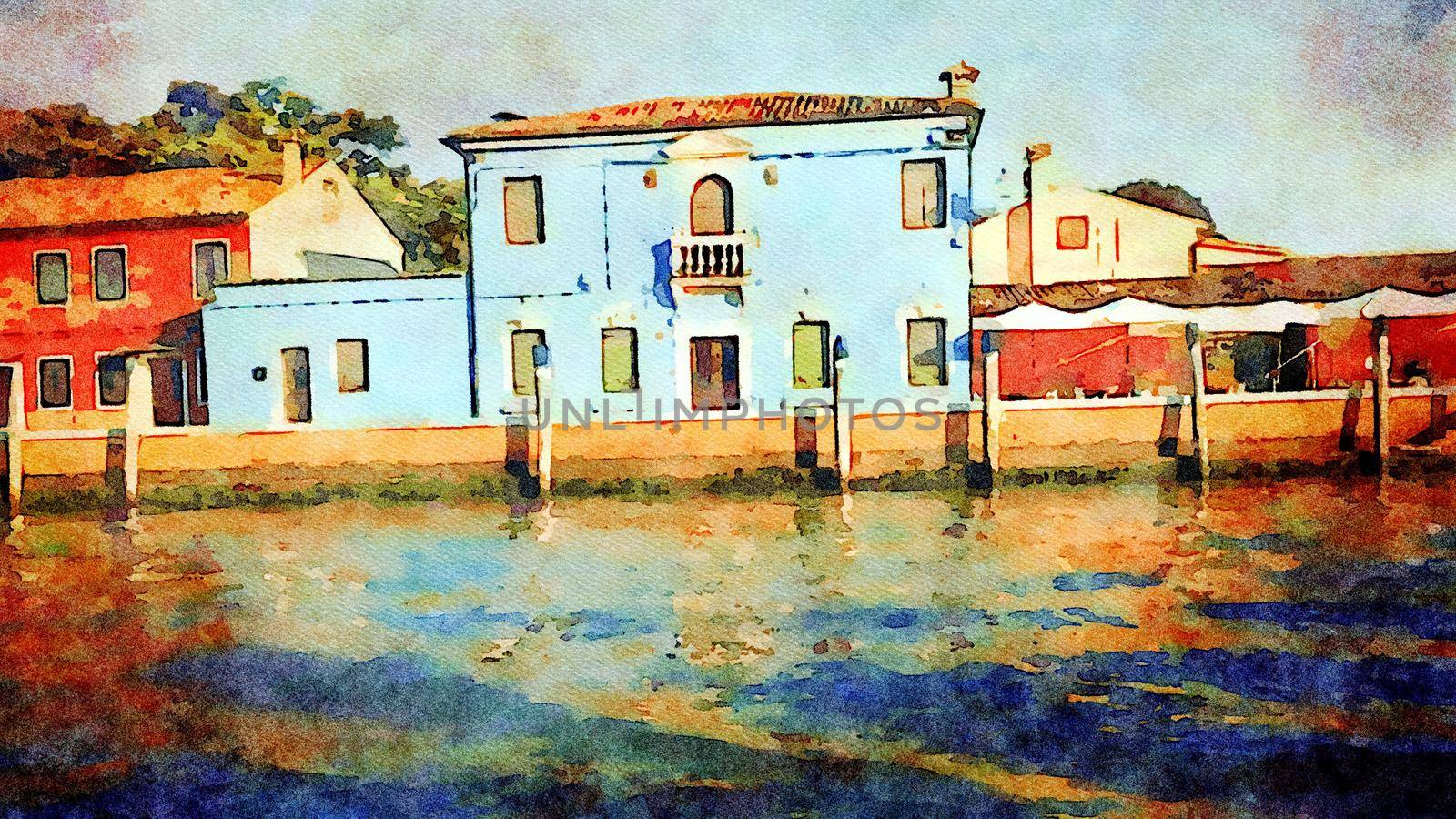 Watercolor representing some typical colored buildings over one of the canals in Burano in Venice