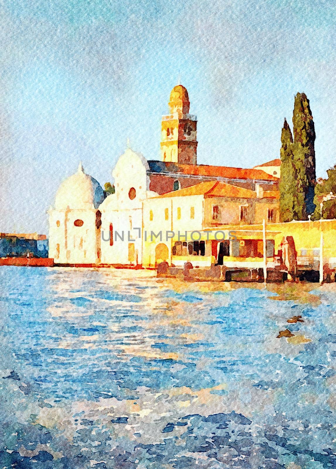 Watercolor which represents a glimpse of one of the cathedrals of Venice seen from the lagoon