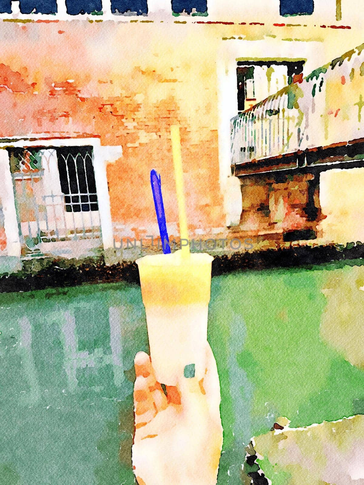 a hand with a glass of granita in the historic center of Venice by Jamaladeen