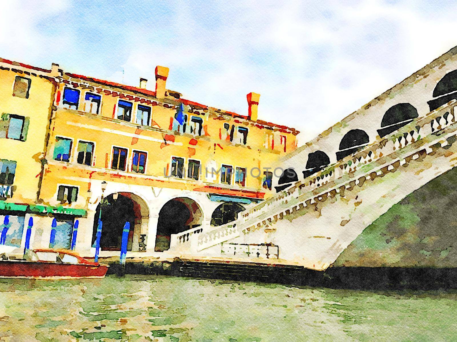 Watercolor which represents a glimpse of the famous Venice bridge over the Grand Canal