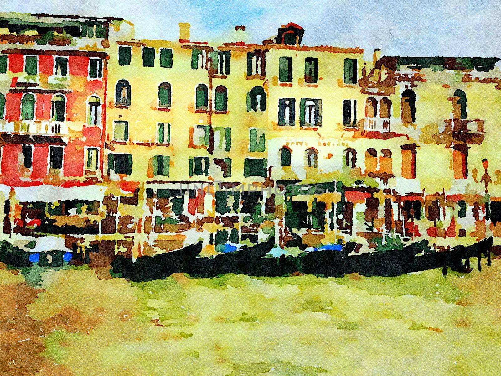 Watercolor representing the gondolas parked at the foot of the historic buildings of Venice overlooking the grand canal