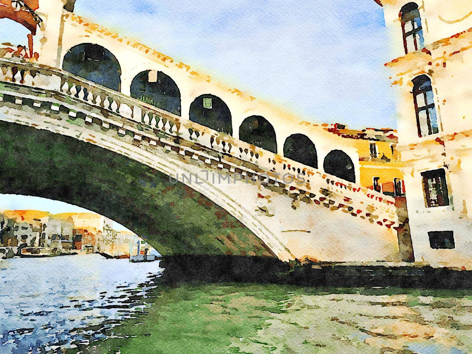 Watercolor which represents a glimpse of the famous Venice bridge over the Grand Canal