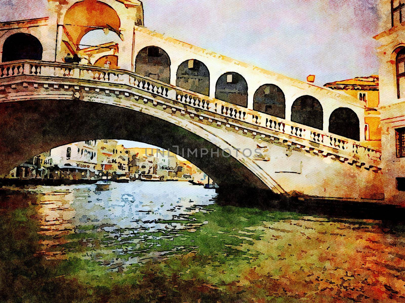 Watercolor which represents a glimpse of the famous Venice bridge over the Grand Canal