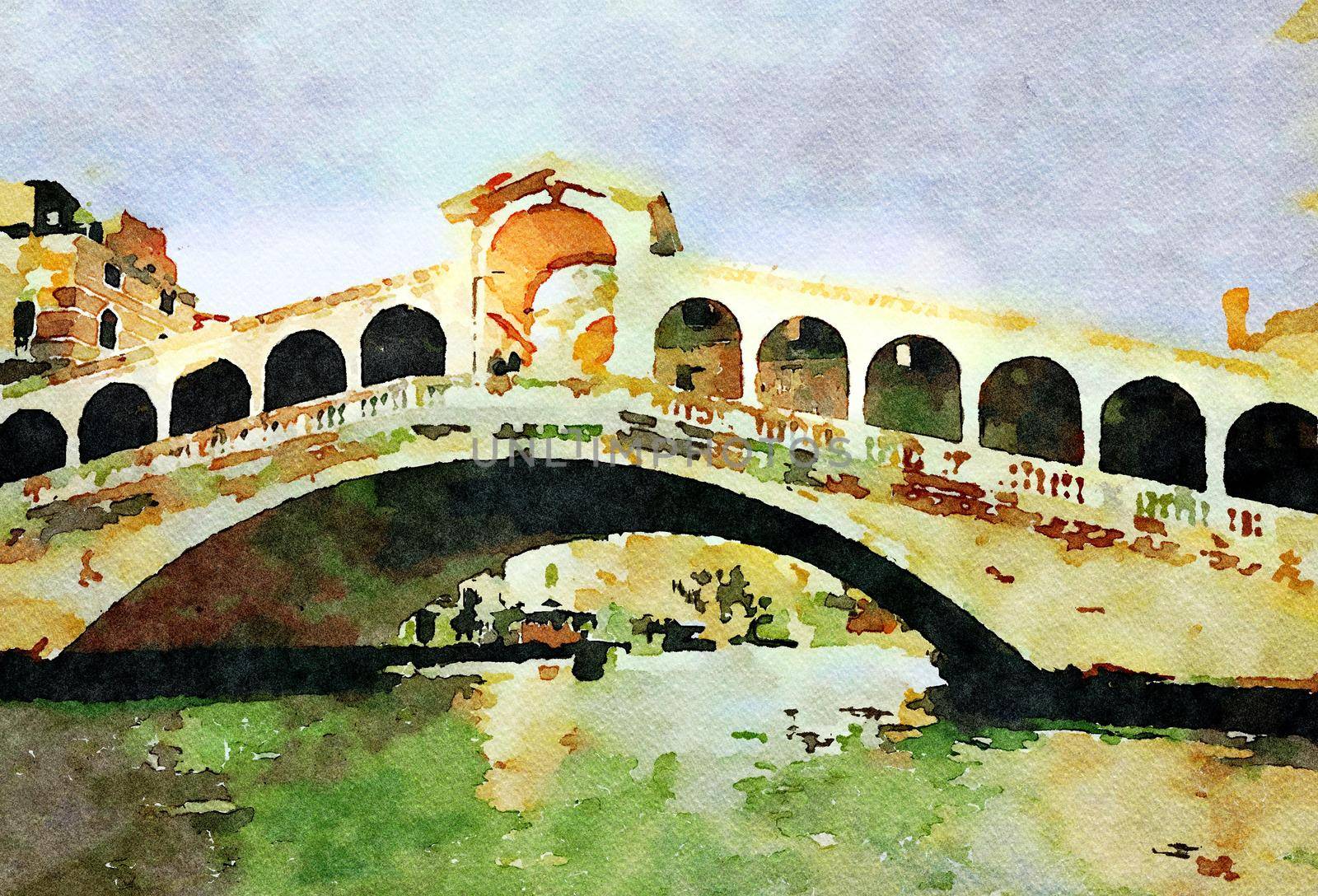 Watercolor which represents a glimpse of the famous Venice bridge over the Grand Canal