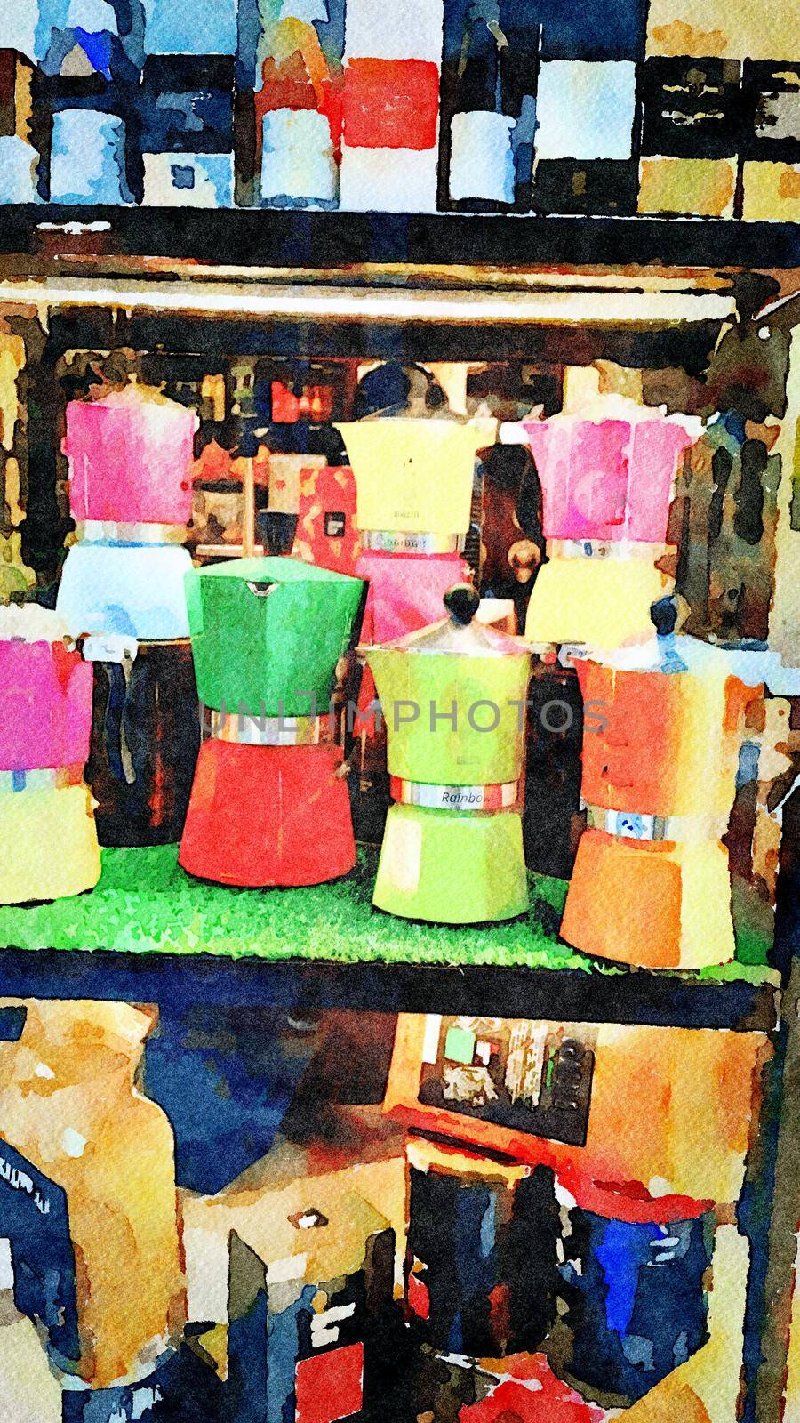 Watercolor representing coffee machines in a shop window in the historic center of Venice