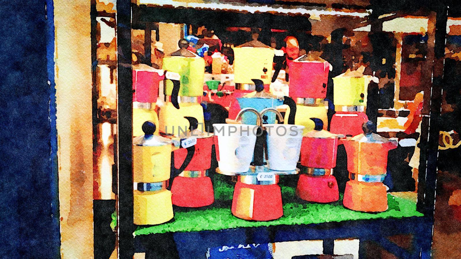 Watercolor representing coffee machines in a shop window in the historic center of Venice