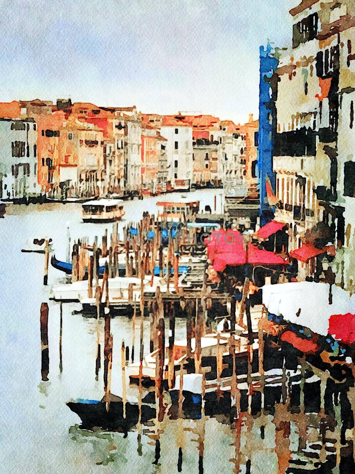 Watercolor which represents a glimpse of the historic buildings on the grand canal in the center of Venice