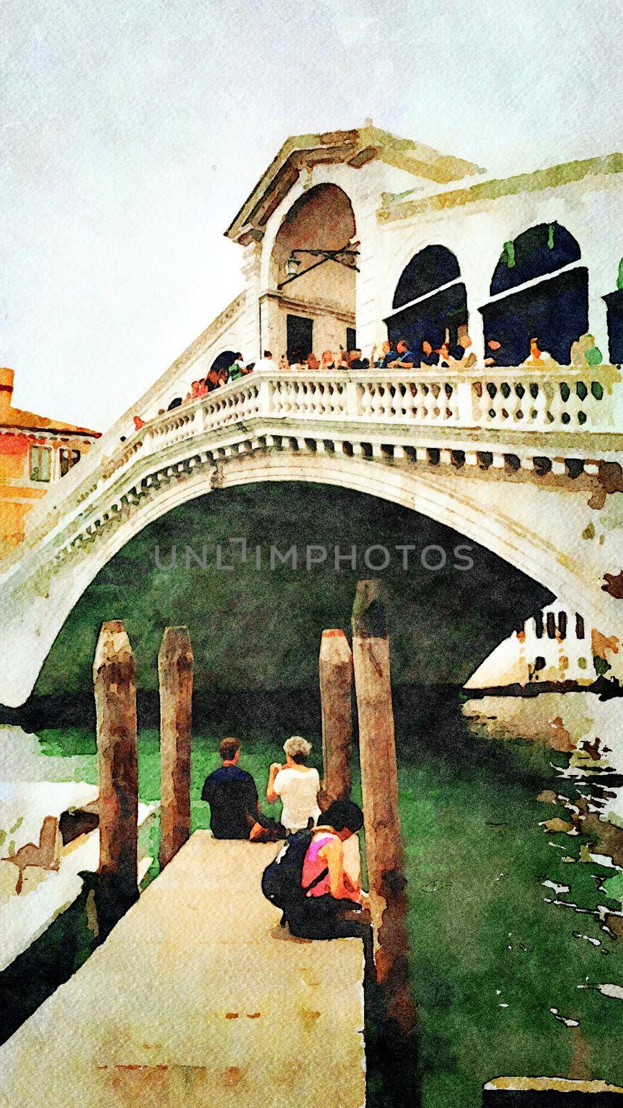 Watercolor representing a glimpse of the famous bridge in the center of Venice