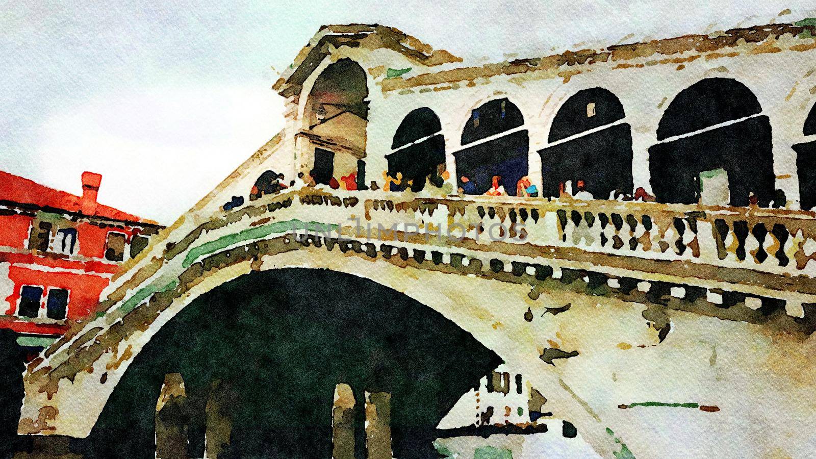 Watercolor representing a glimpse of the famous bridge in the center of Venice