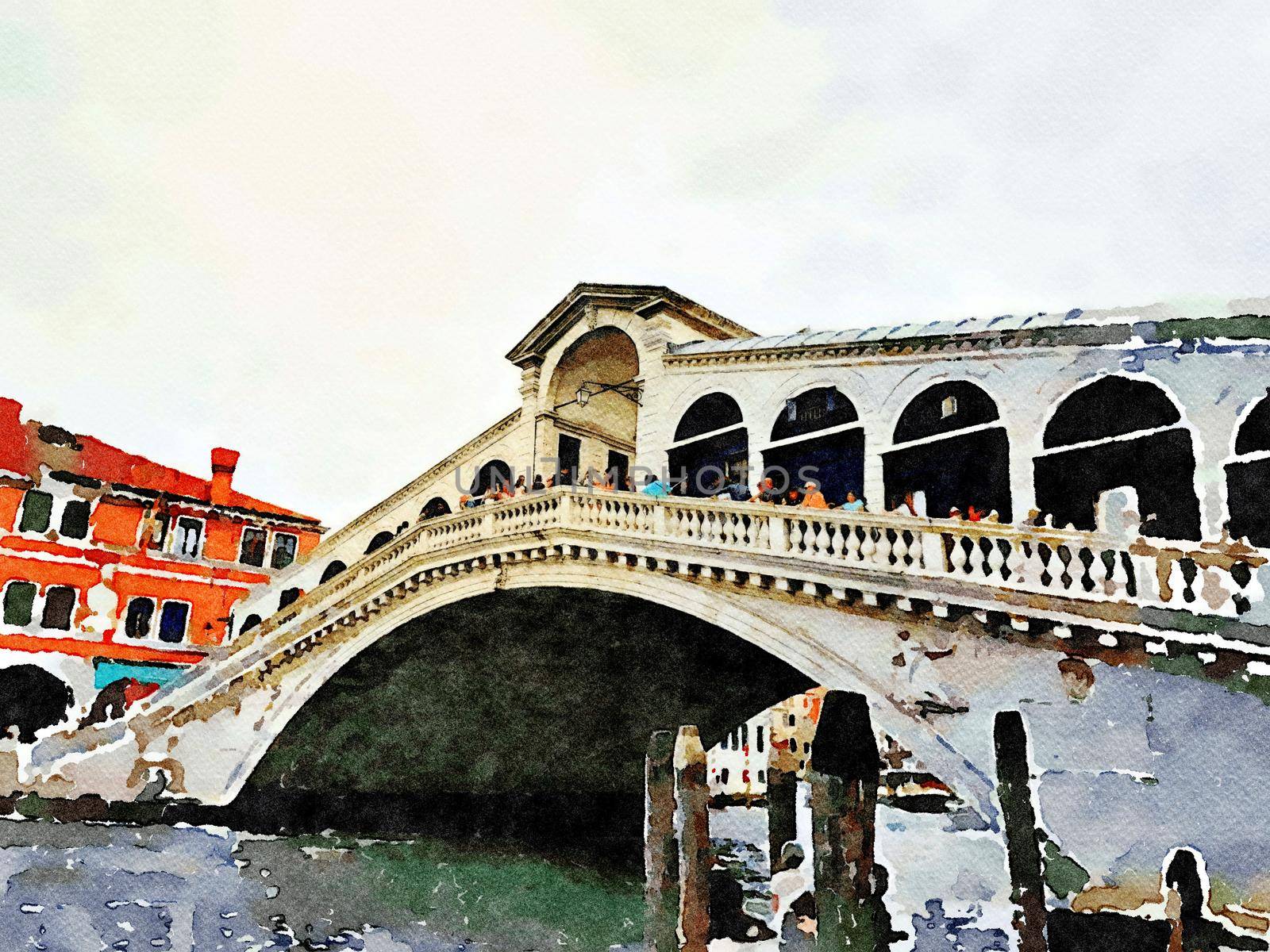 Watercolor representing a glimpse of the famous bridge in the center of Venice