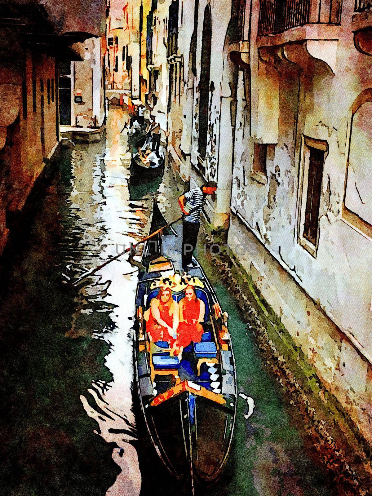 Watercolor which represents a glimpse of the small canals with gondolas between the historic buildings in the center of Venice