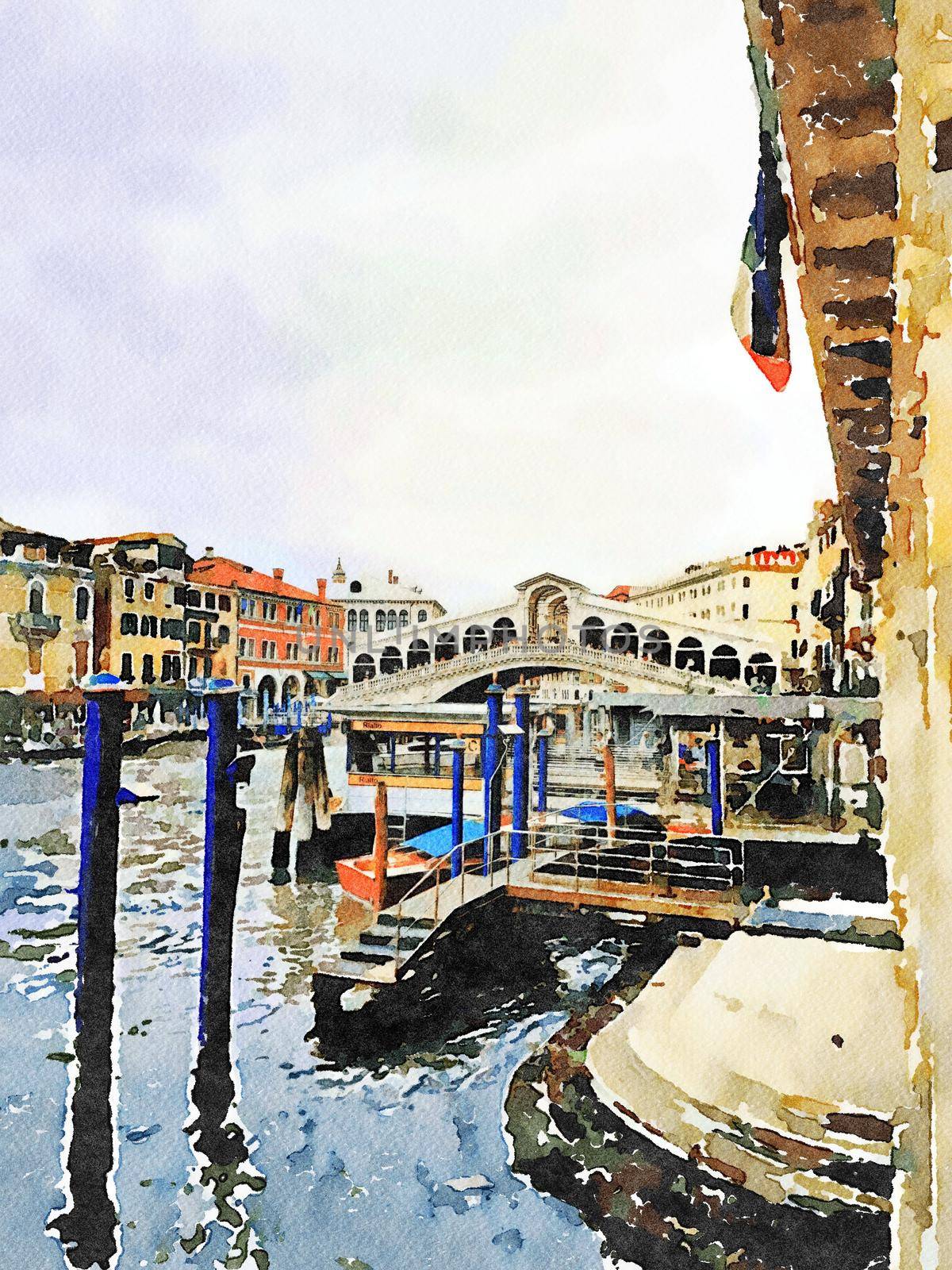 Watercolor representing a glimpse of the famous bridge in the center of Venice