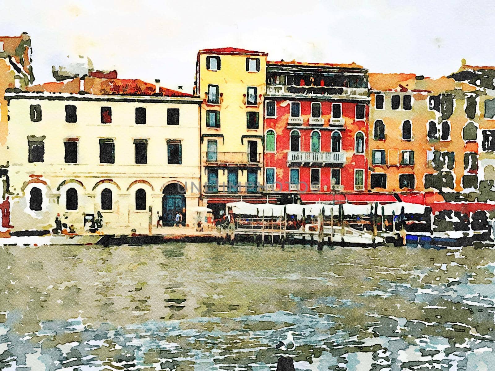 Watercolor which represents a glimpse of the historic buildings on the grand canal in the center of Venice