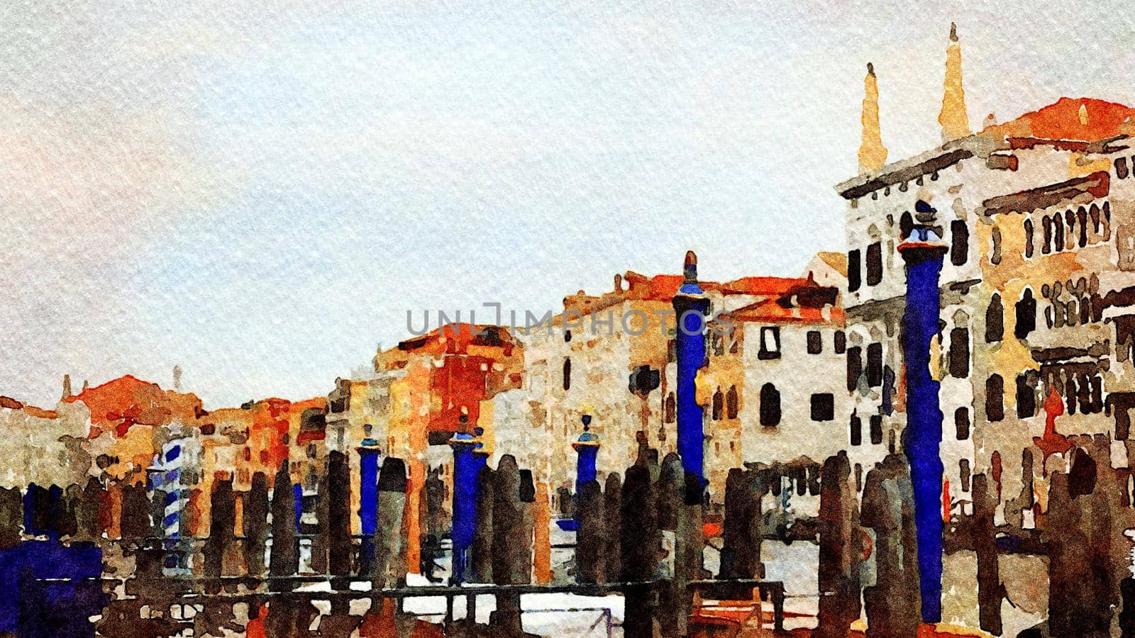 Watercolor which represents a glimpse of the historic buildings on the grand canal in the center of Venice