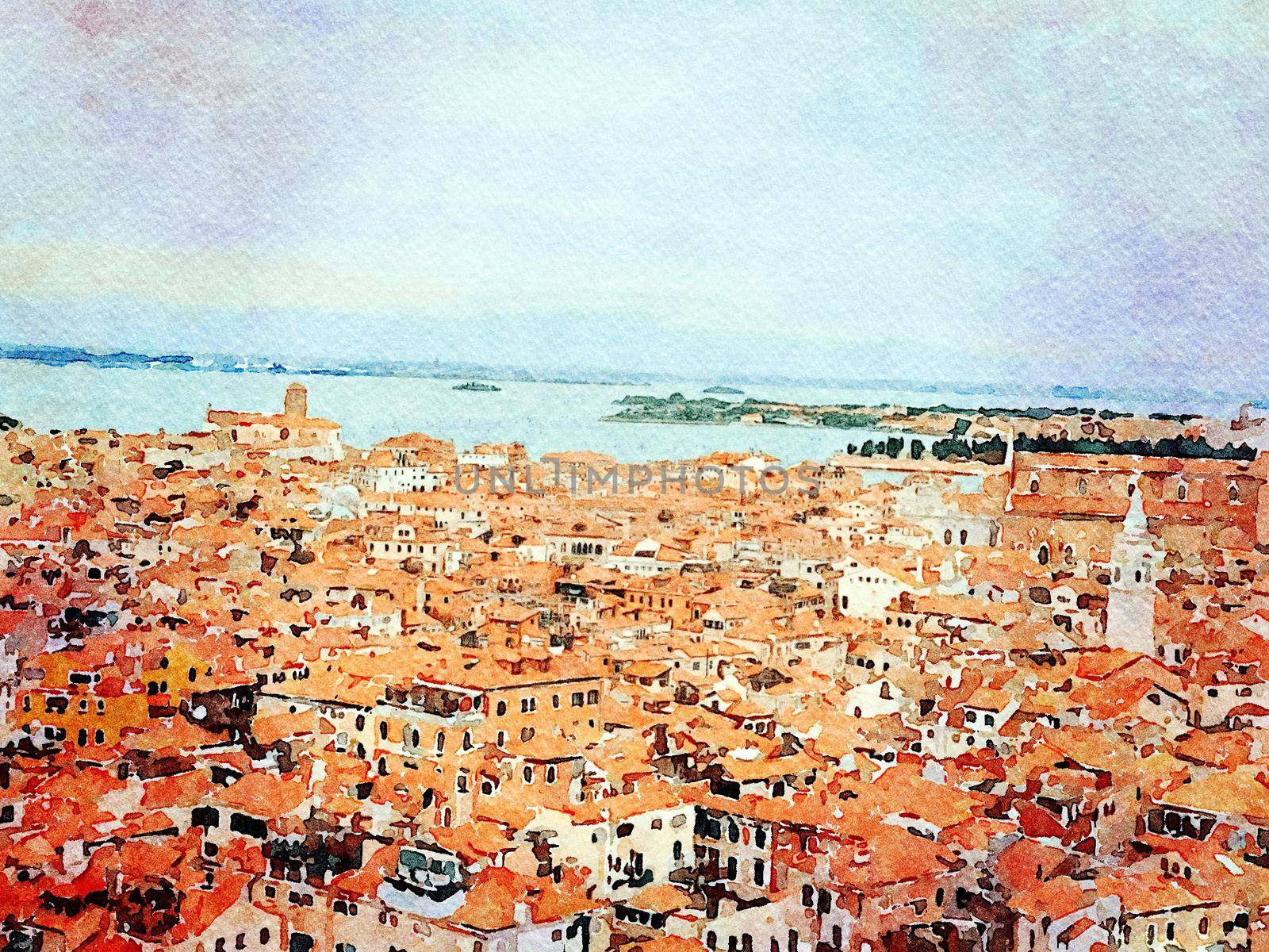Watercolor representing the panorama of the roofs of Venice and the lagoon in the background