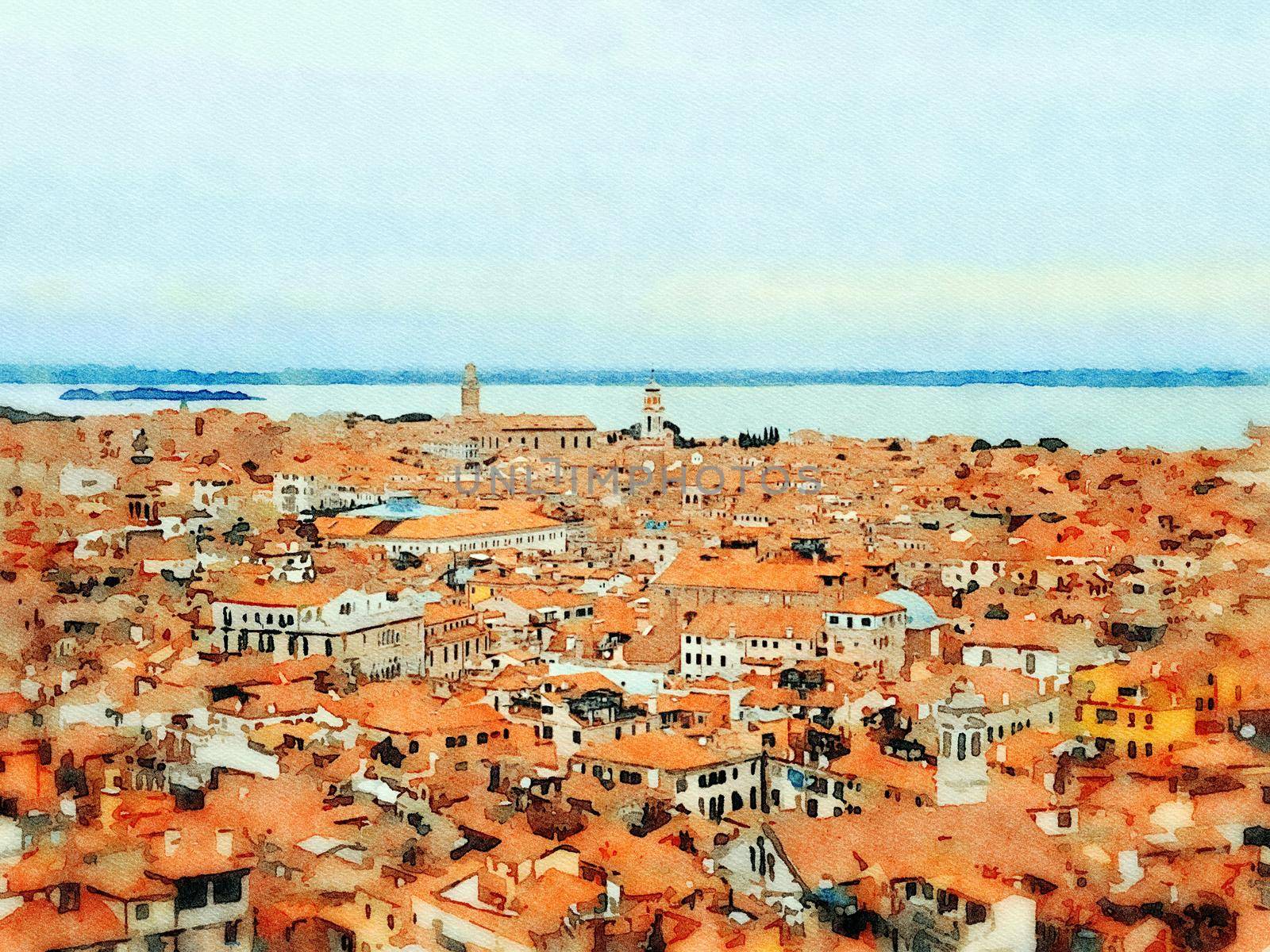 Watercolor representing the panorama of the roofs of Venice and the lagoon in the background