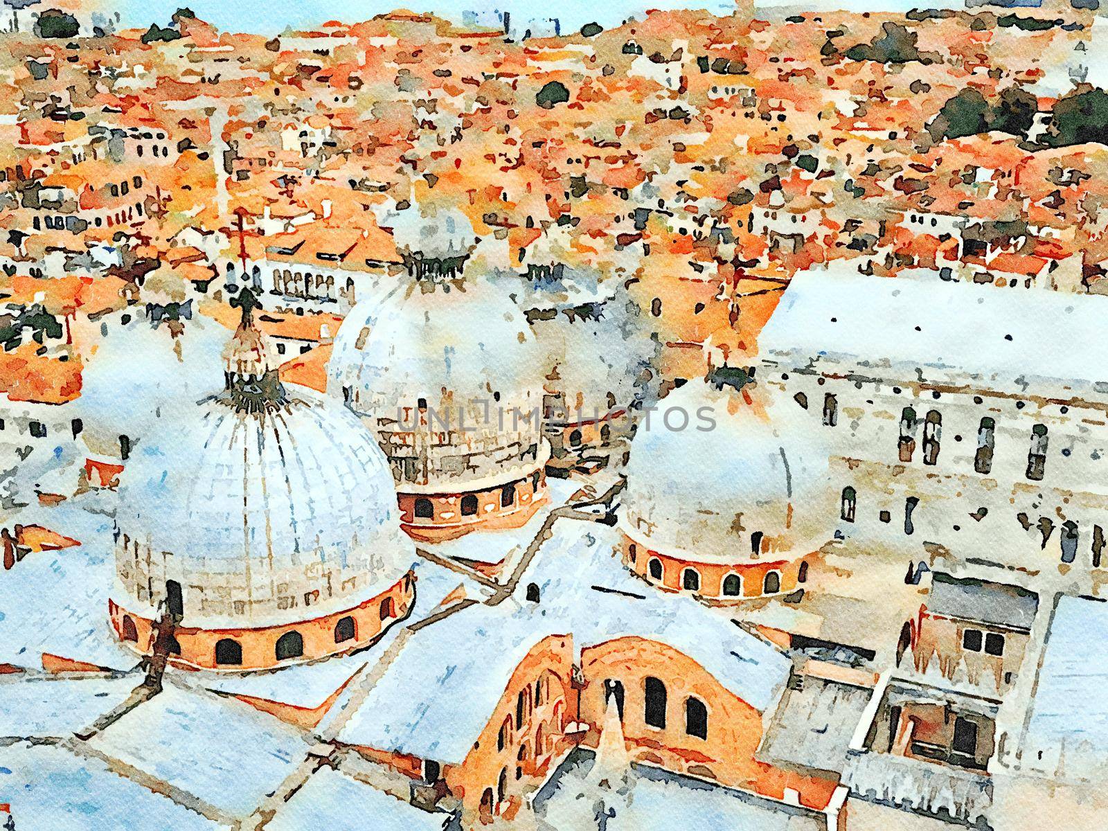 Watercolor representing the view of the roofs of the church of San Marco in Venice and the lagoon in the background