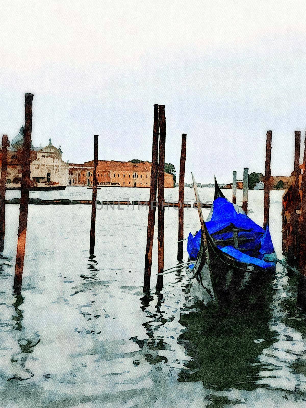 Watercolor representing a gondola parked on the grand canal of Venice