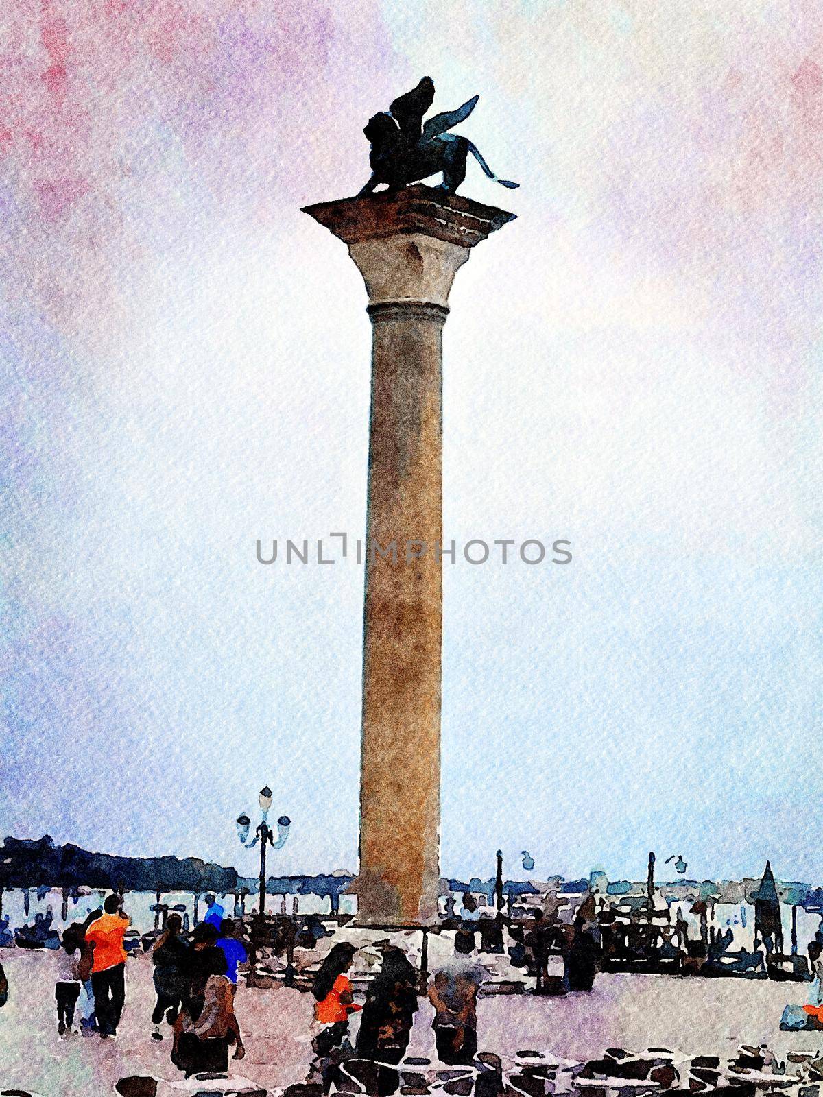 Watercolor representing a column with the lion of San Marco symbol of Venice