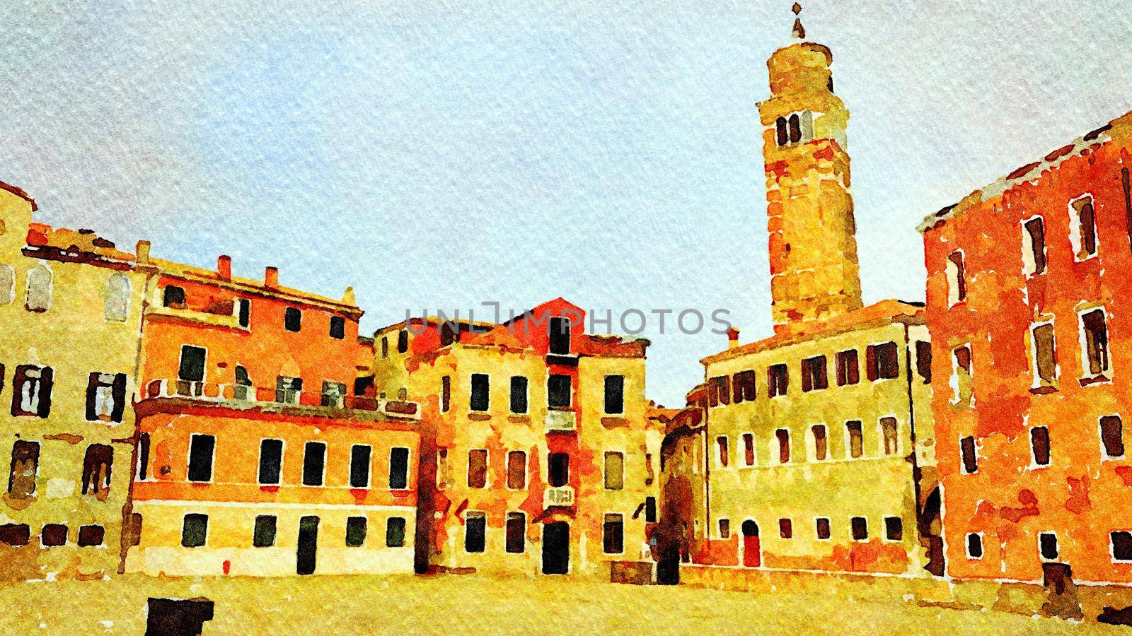 Watercolor which represents a glimpse of one of the squares in the historic center of Venice