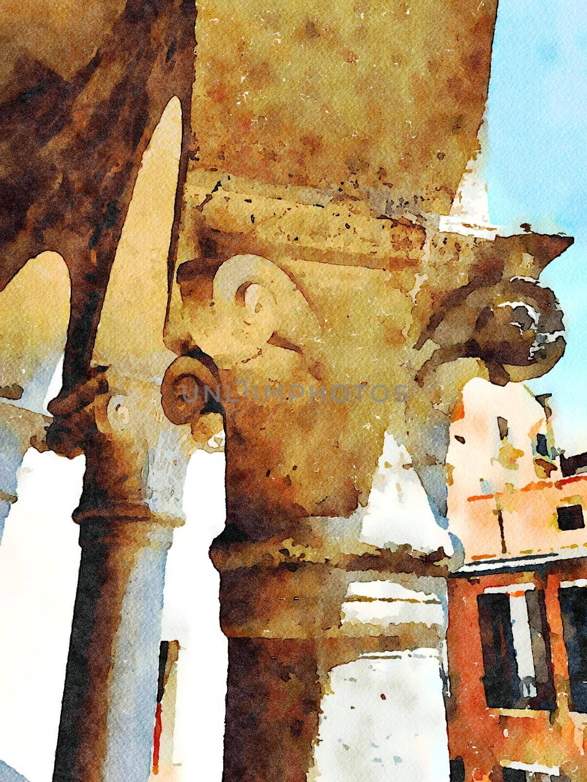 Watercolor representing an architectural detail of a capital of a column of a historic building in the center of Venice