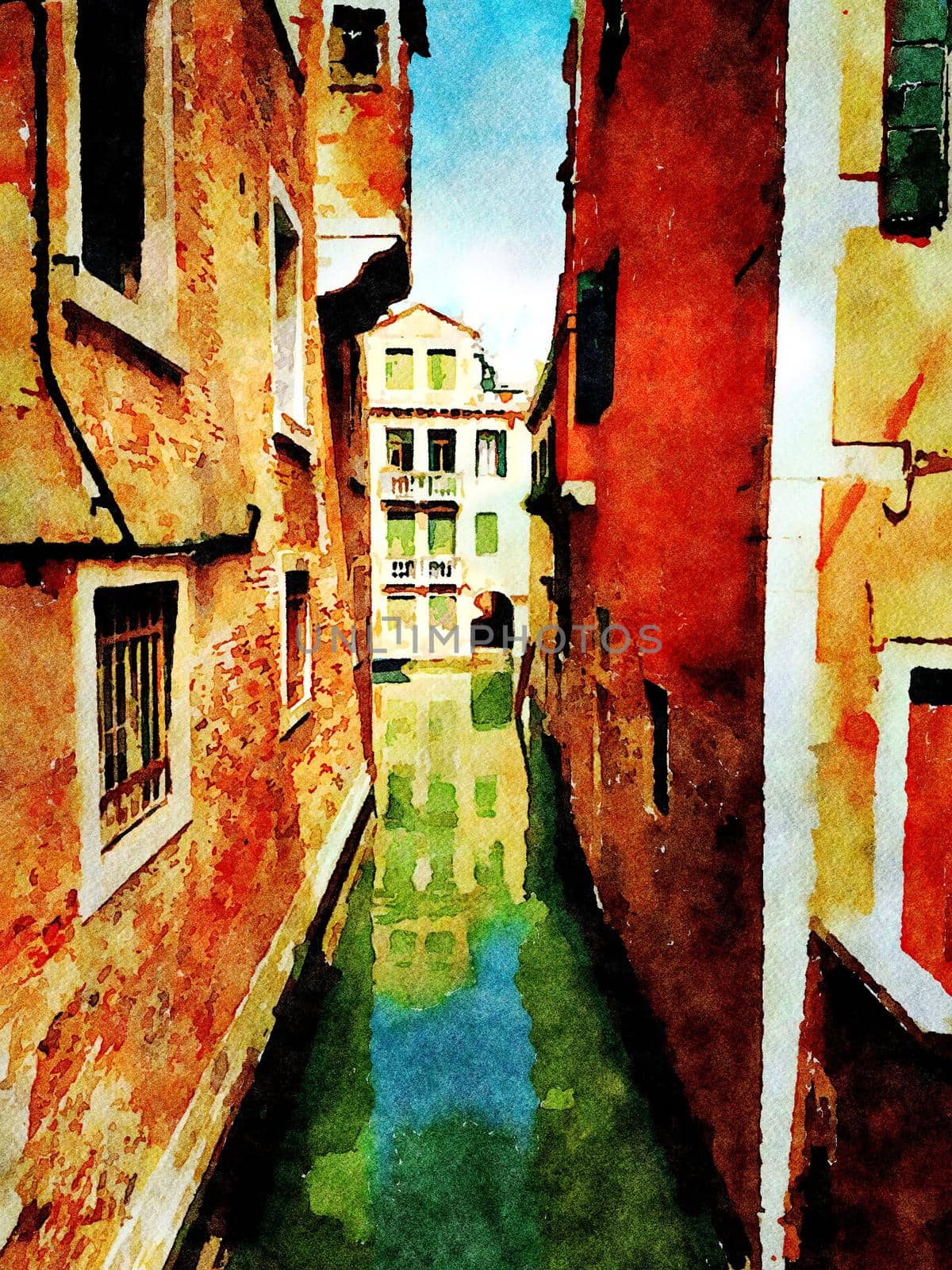 Watercolor which represents a glimpse of the small canals between the historic buildings in the center of Venice