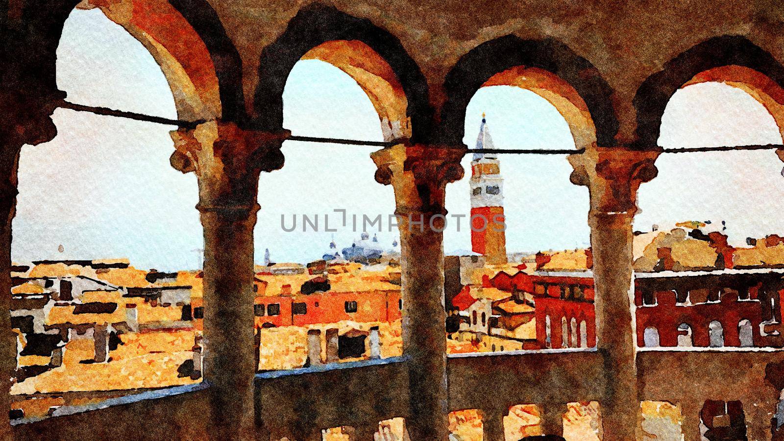 Watercolor representing a view of Venice from the balcony of a historic building in the historic center