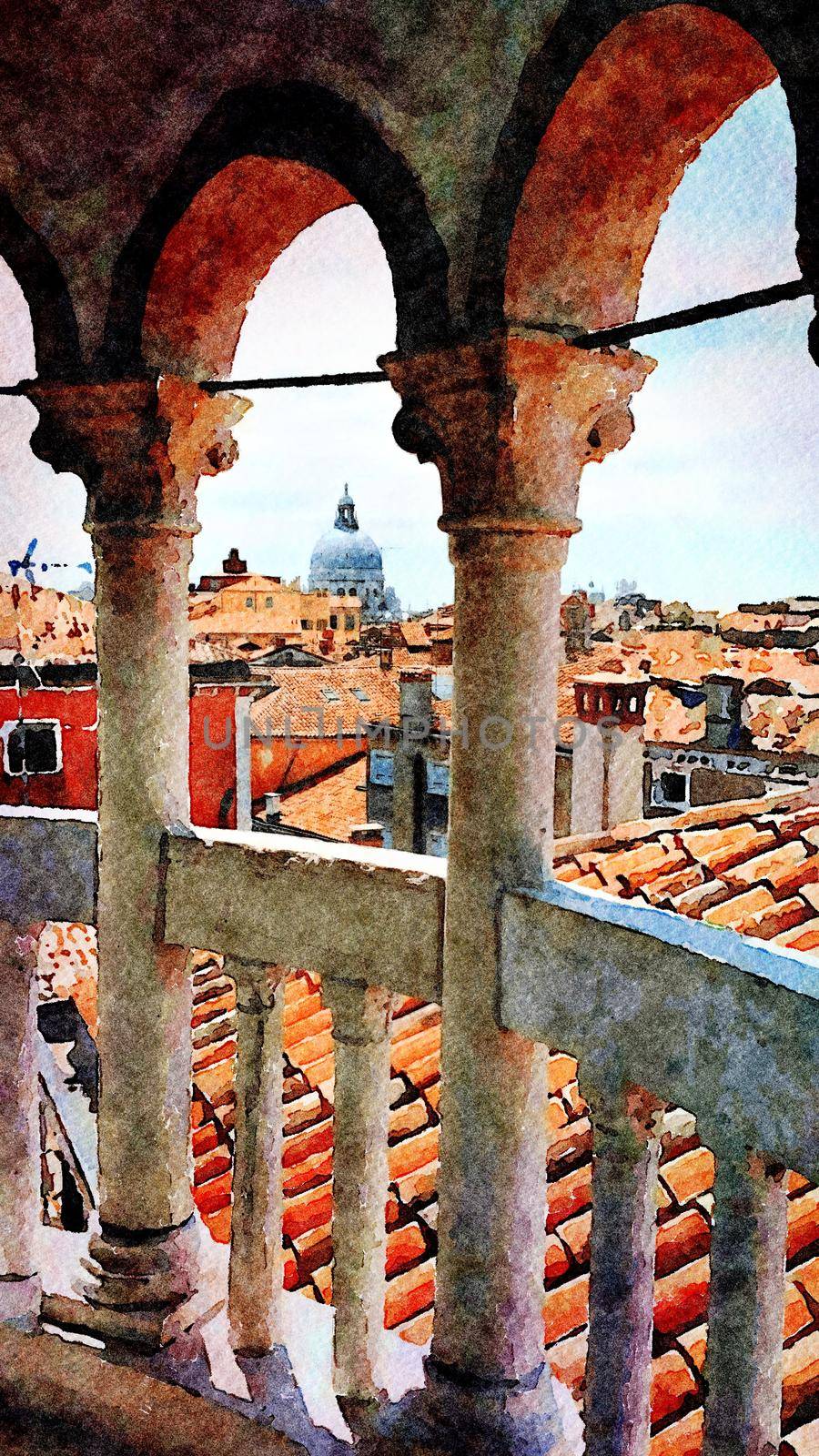 Watercolor representing a view of Venice from the balcony of a historic building in the historic center