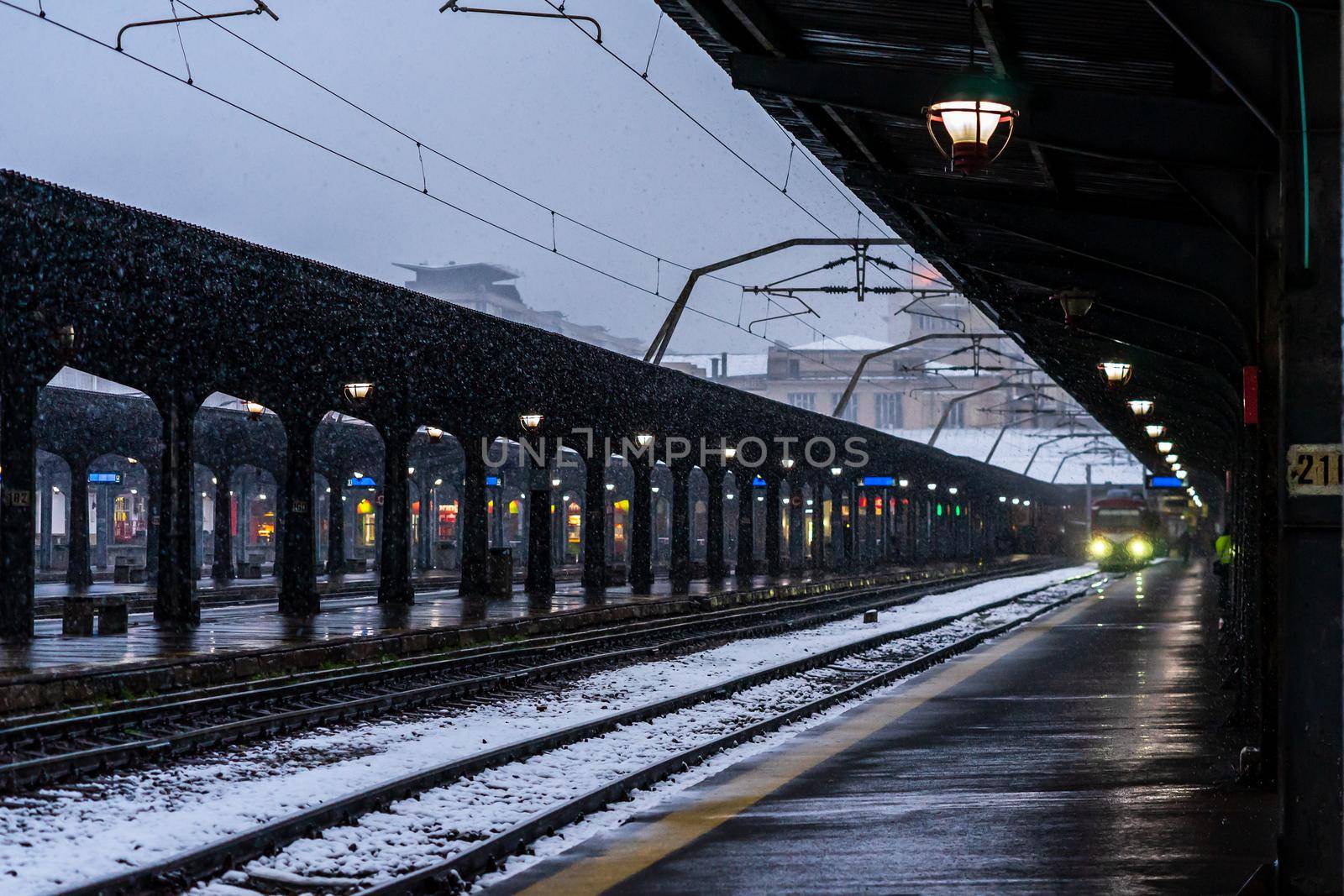 Northern Railway Station (Gara de Nord) during a cold and snowy day in Bucharest, Romania, 2021
