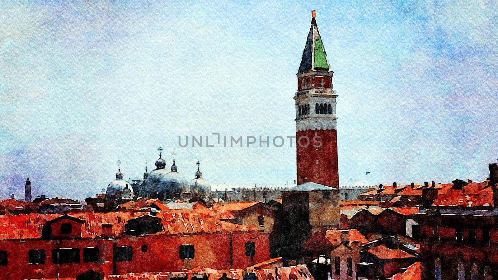 Watercolor representing a view of the tower and roofs of the cathedral of Venice from the balcony of a historic building in the historic center