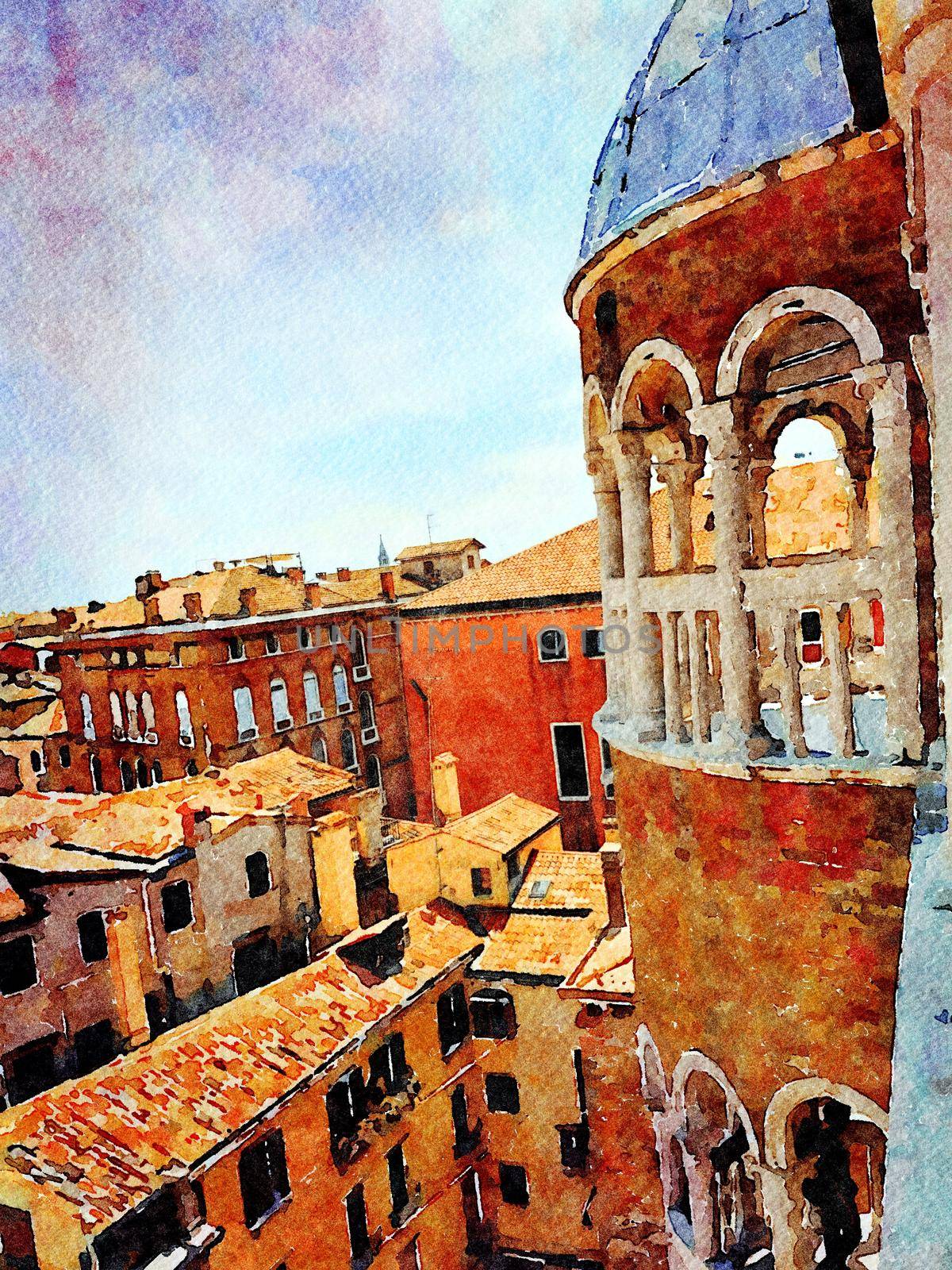 Watercolor representing a view of Venice from the balcony of a historic building in the historic center