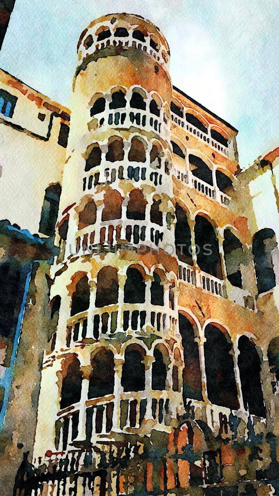 Watercolor that represents the glimpse of a historic building with tower and arches in the center of Venice