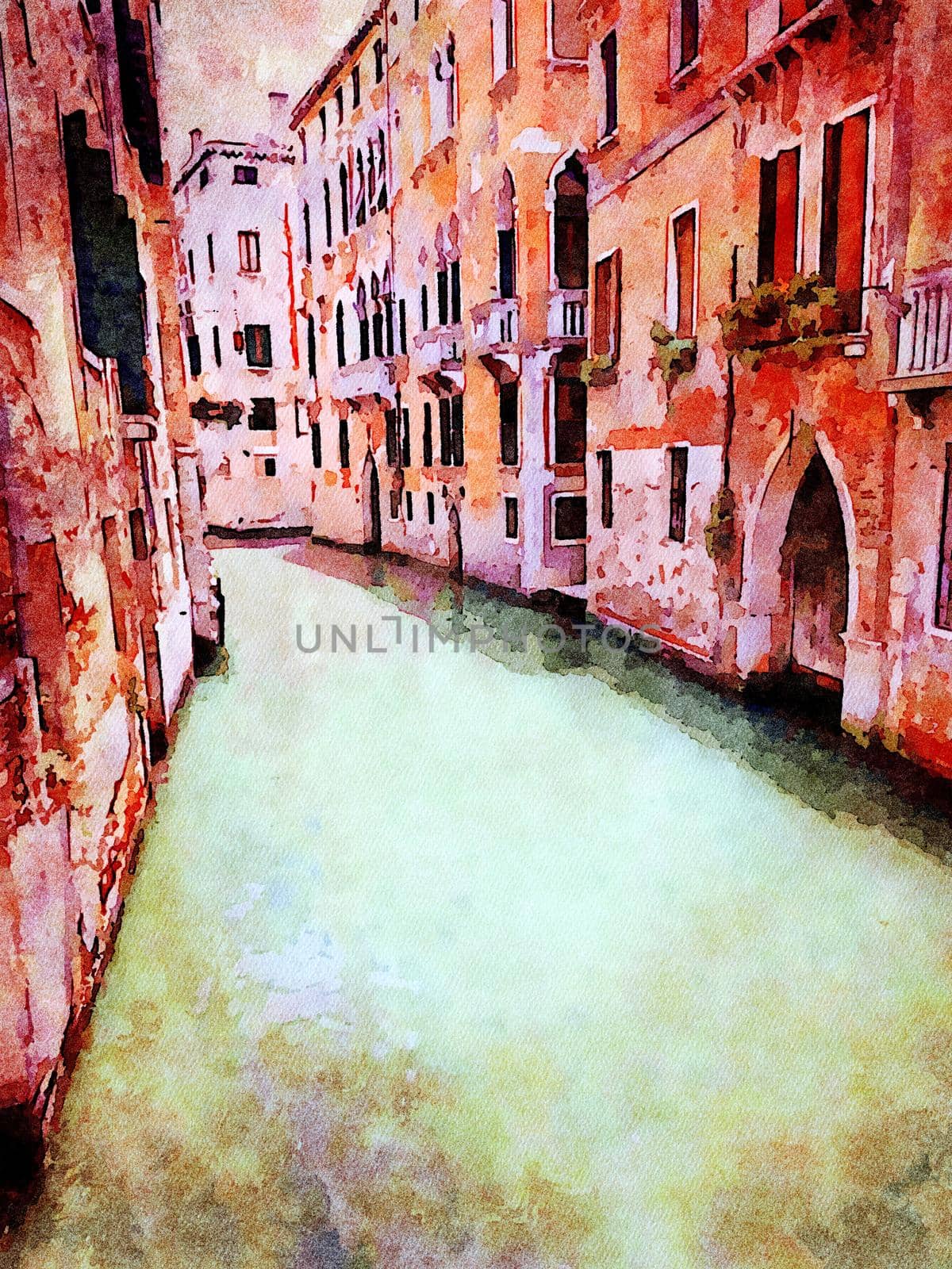 Watercolor which represents a glimpse of the small canals between the historic buildings in the center of Venice