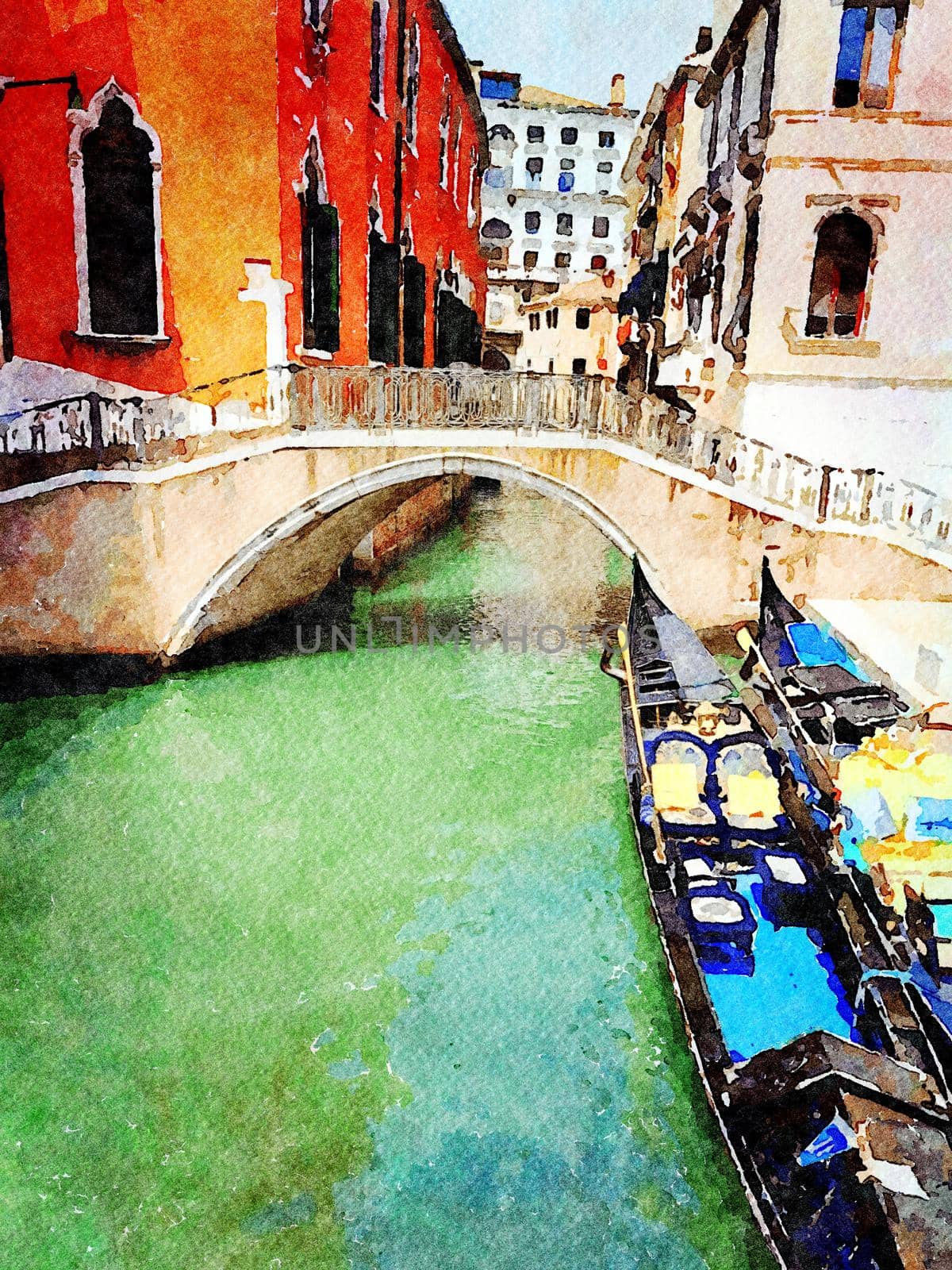 Watercolor representing gondolas parked in one of the small canals in the historic center of Venice