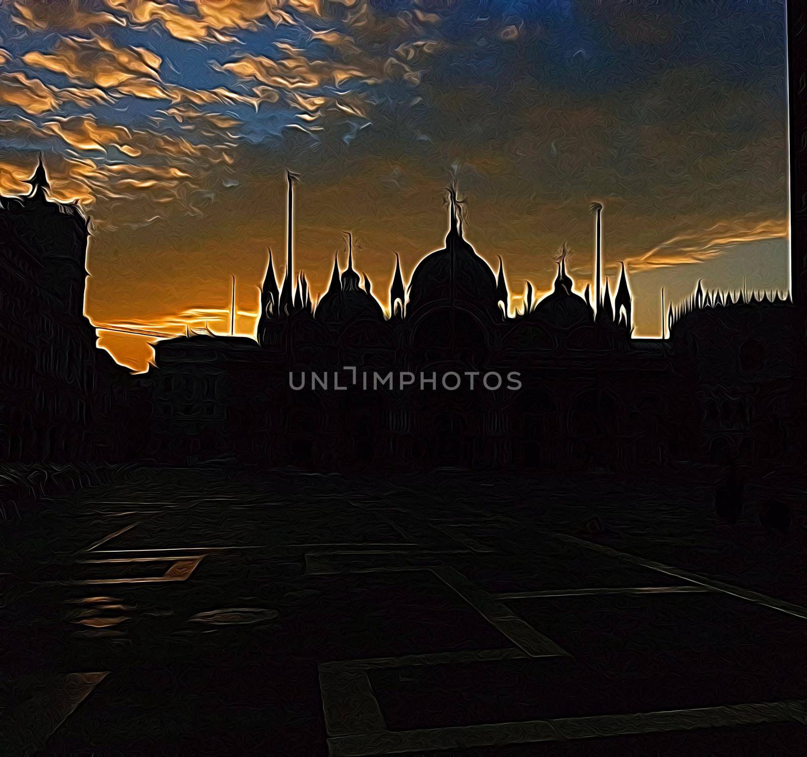 Digital color painting style representing the square of Venice during sunrise