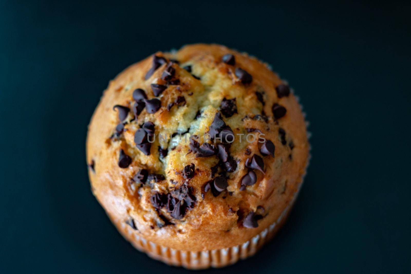 Chocolate chip muffin on a black background. Food photography, unhealthy concept. by mynewturtle1