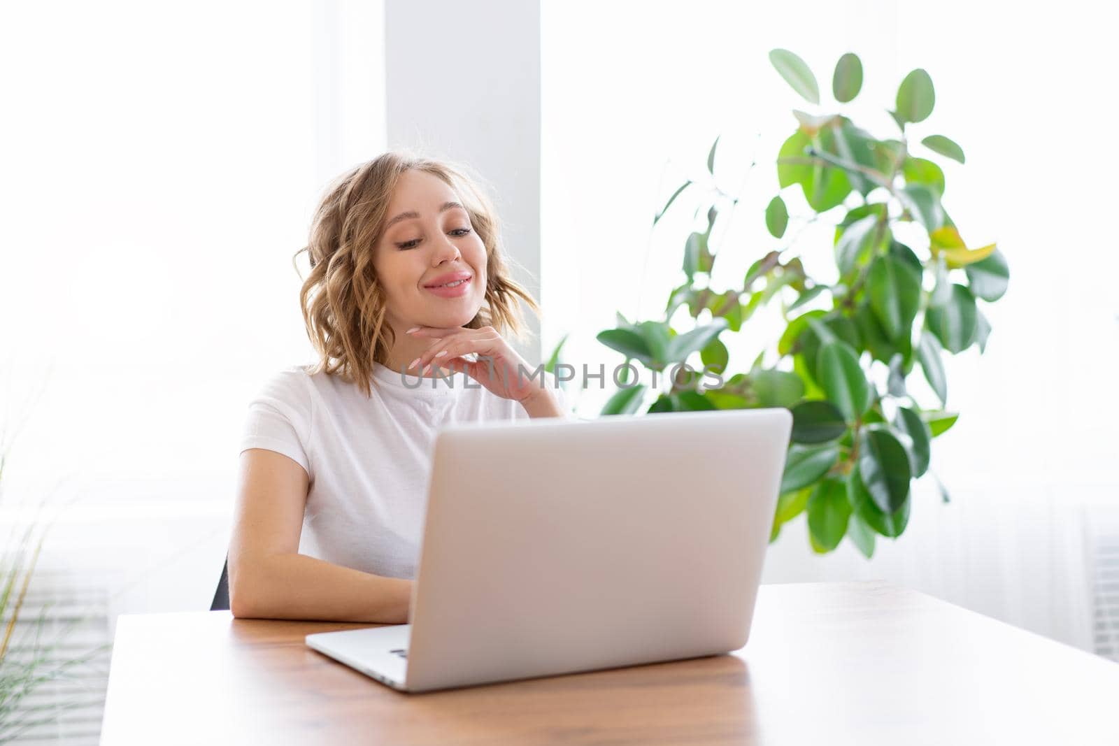 Business woman using laptop sitting near desk white office interior with houseplant looking a side Business people Business person Online, Young and successful Dresed white shirt