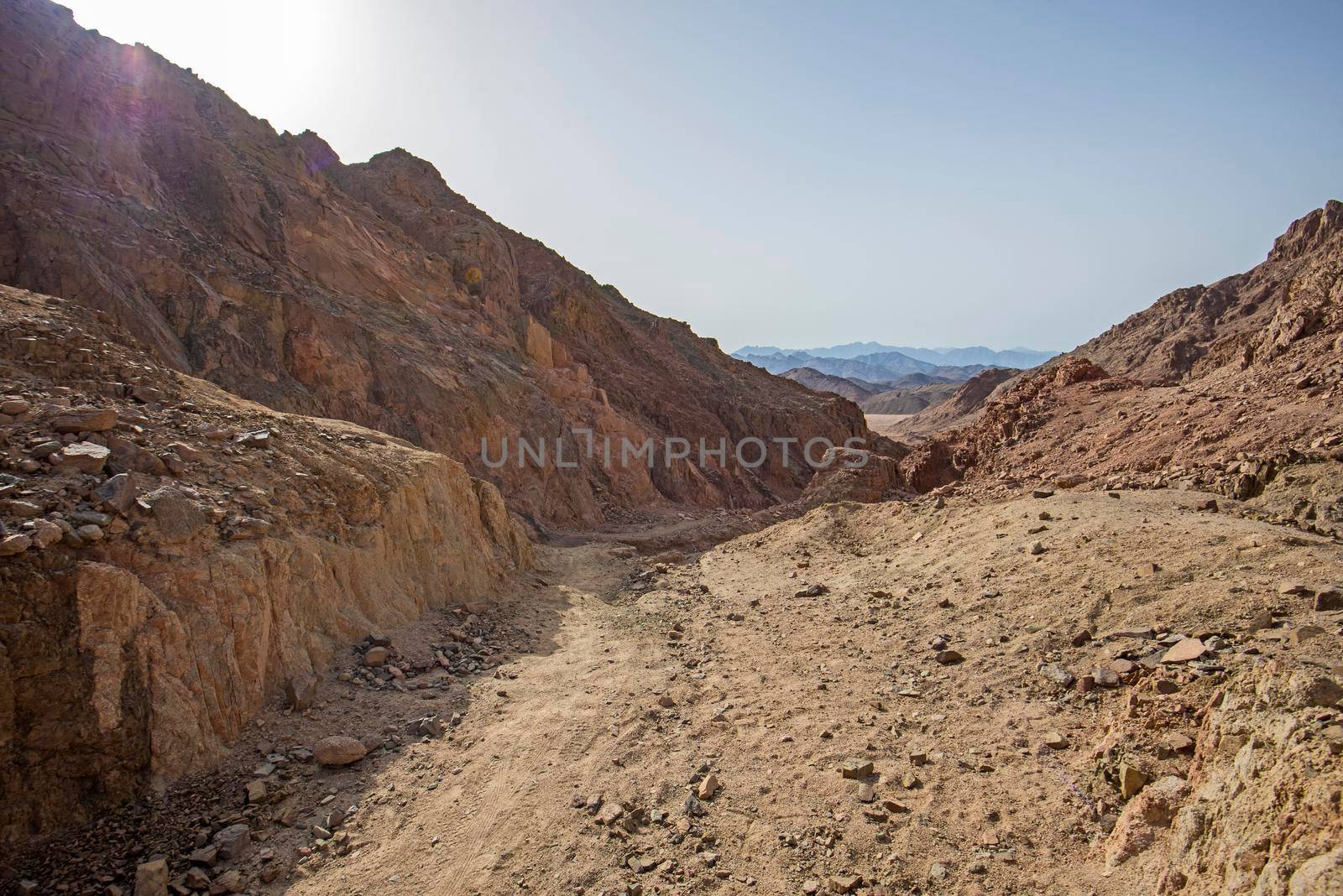 Landscape scenic view of canyon valley in desolate barren eastern desert mountain range in Egypt