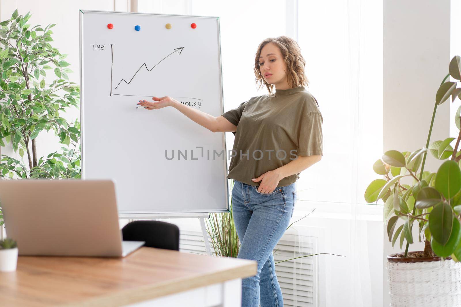 Online presentation, webinar, online meeting. Young business woman speaks to the audience video call, video connection. She stands near flip chart and looks at screen with online viewers