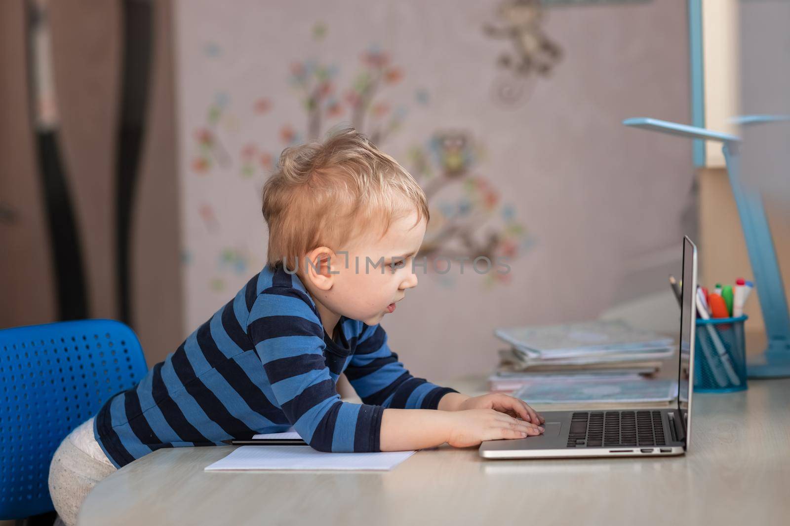 Cute baby boy having video class or video chat with grandparents by Len44ik