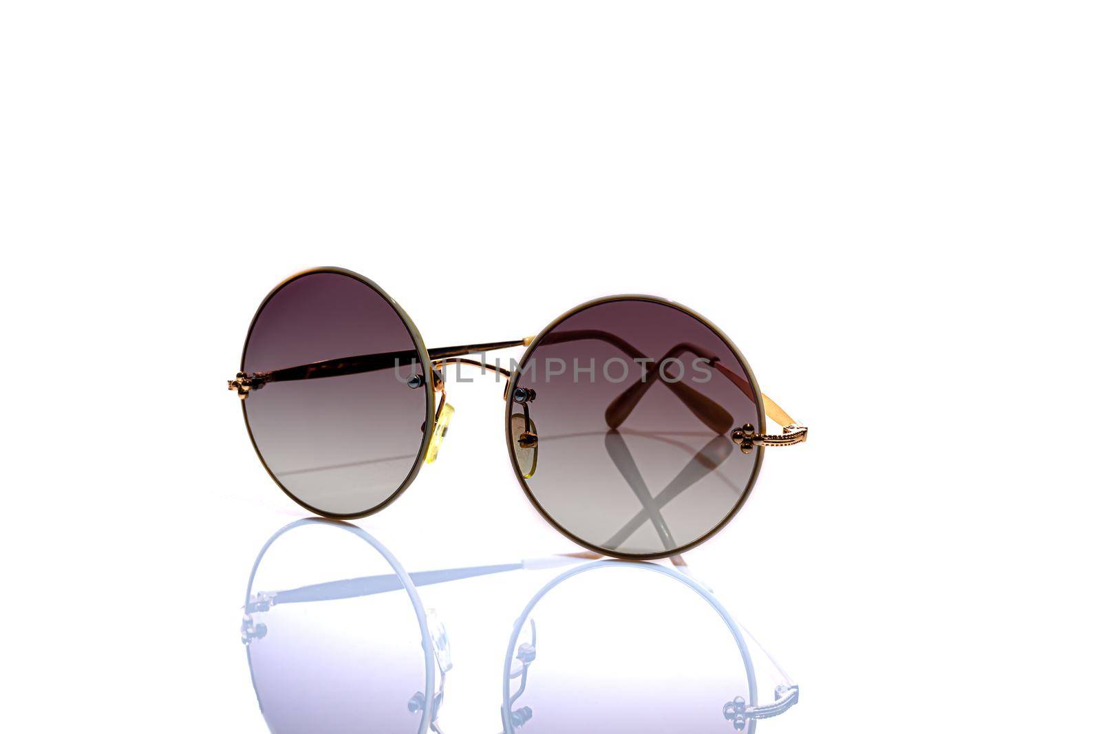 Protective glasses from the sun on a white background. Isolate. Healthy eyes. Copy space.