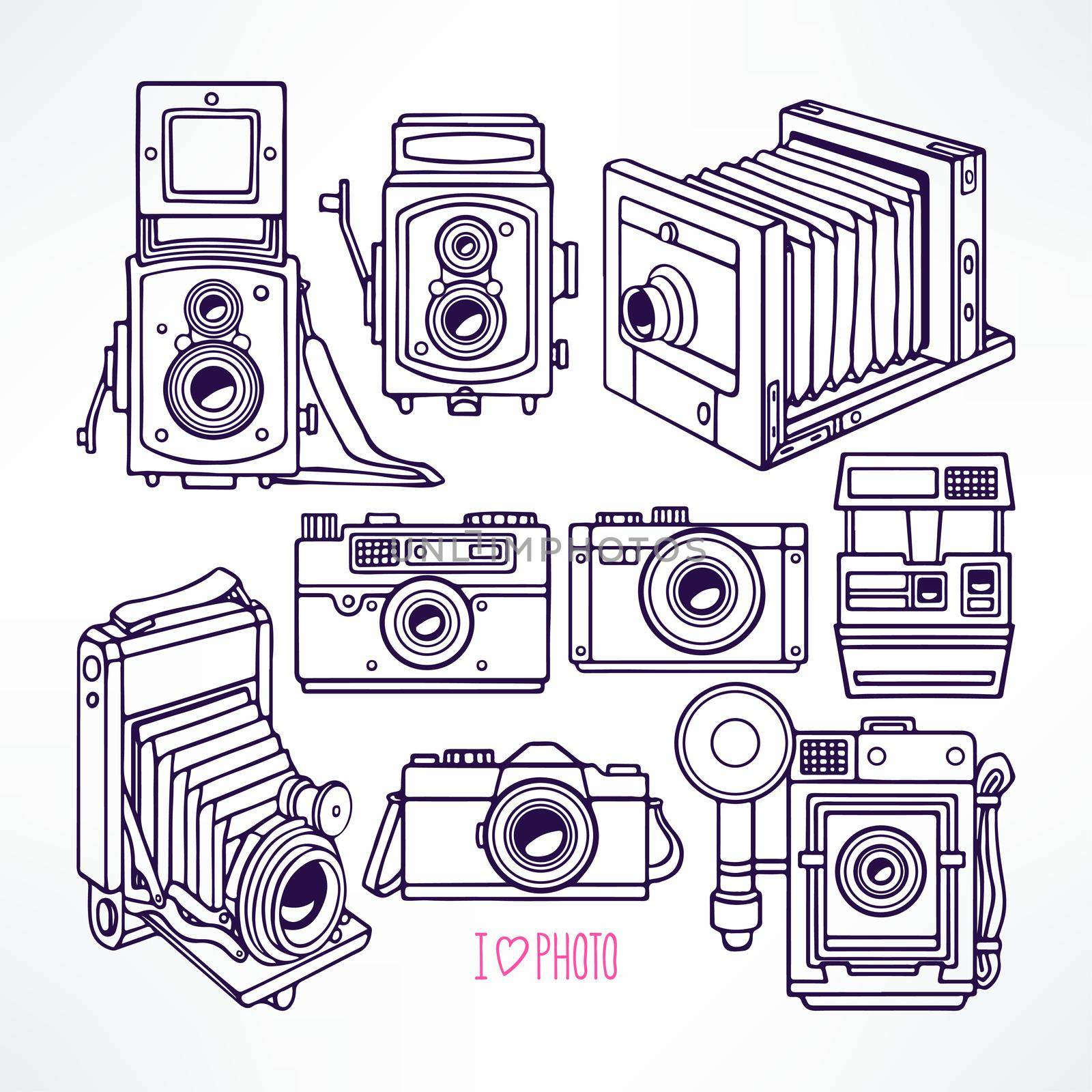 set with different vintage cameras. hand-drawn illustration