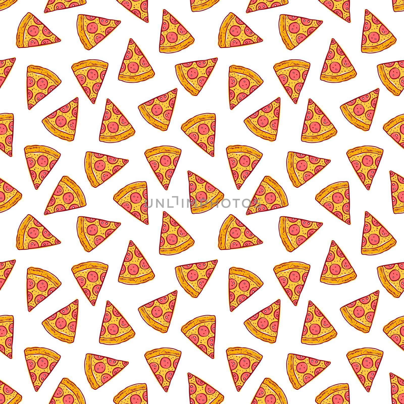 cute seamless background of delicious pizza slices. hand-drawn illustration