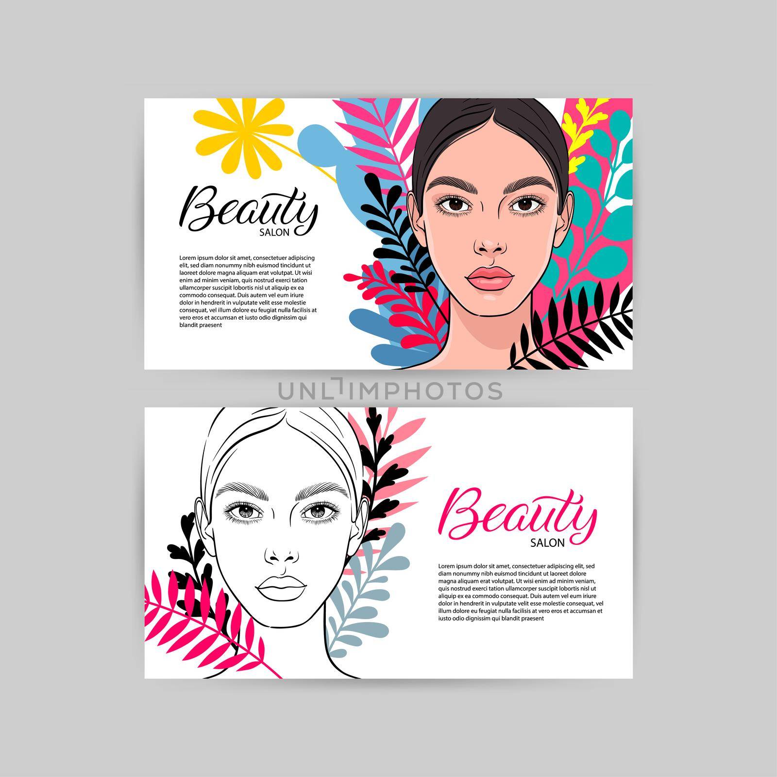 Two business cards for beauty salon with partrait of young attractive woman. Vector iilustration