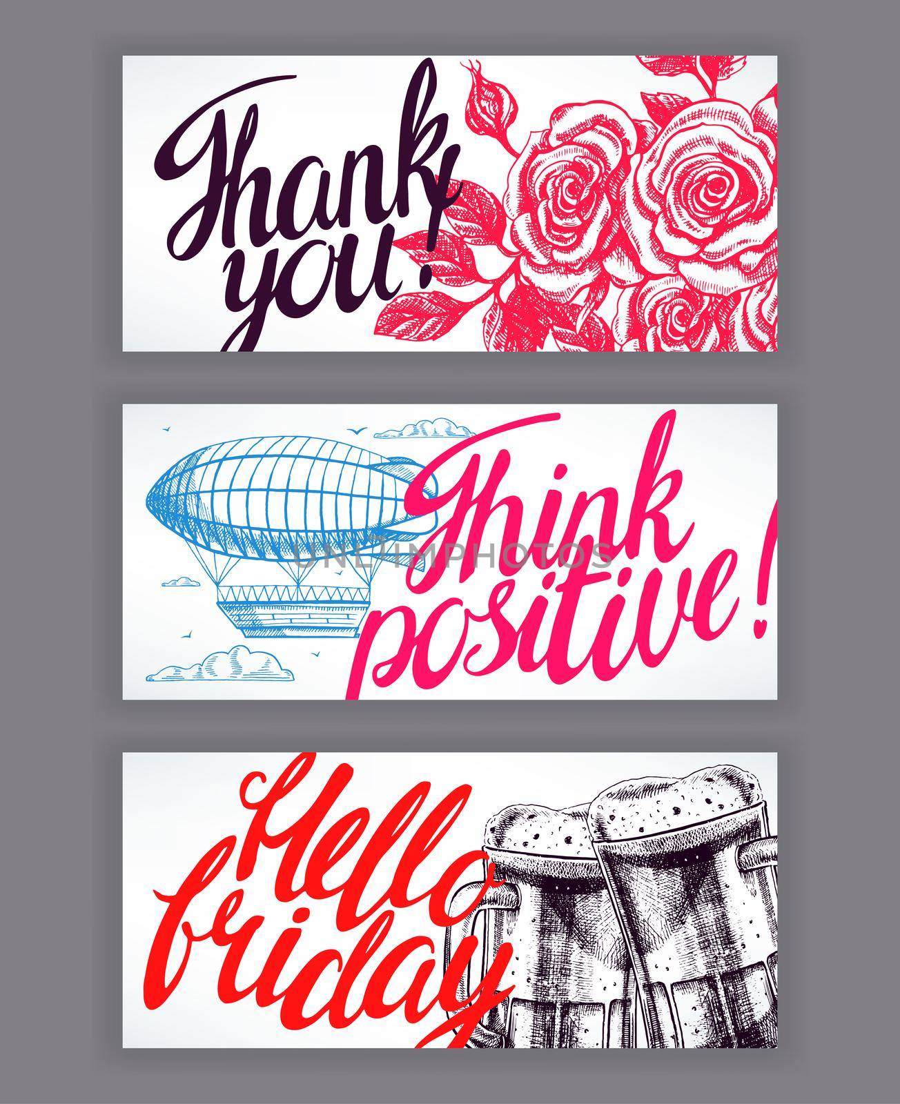 Three beautiful cards with good wishes. hand-drawn illustration
