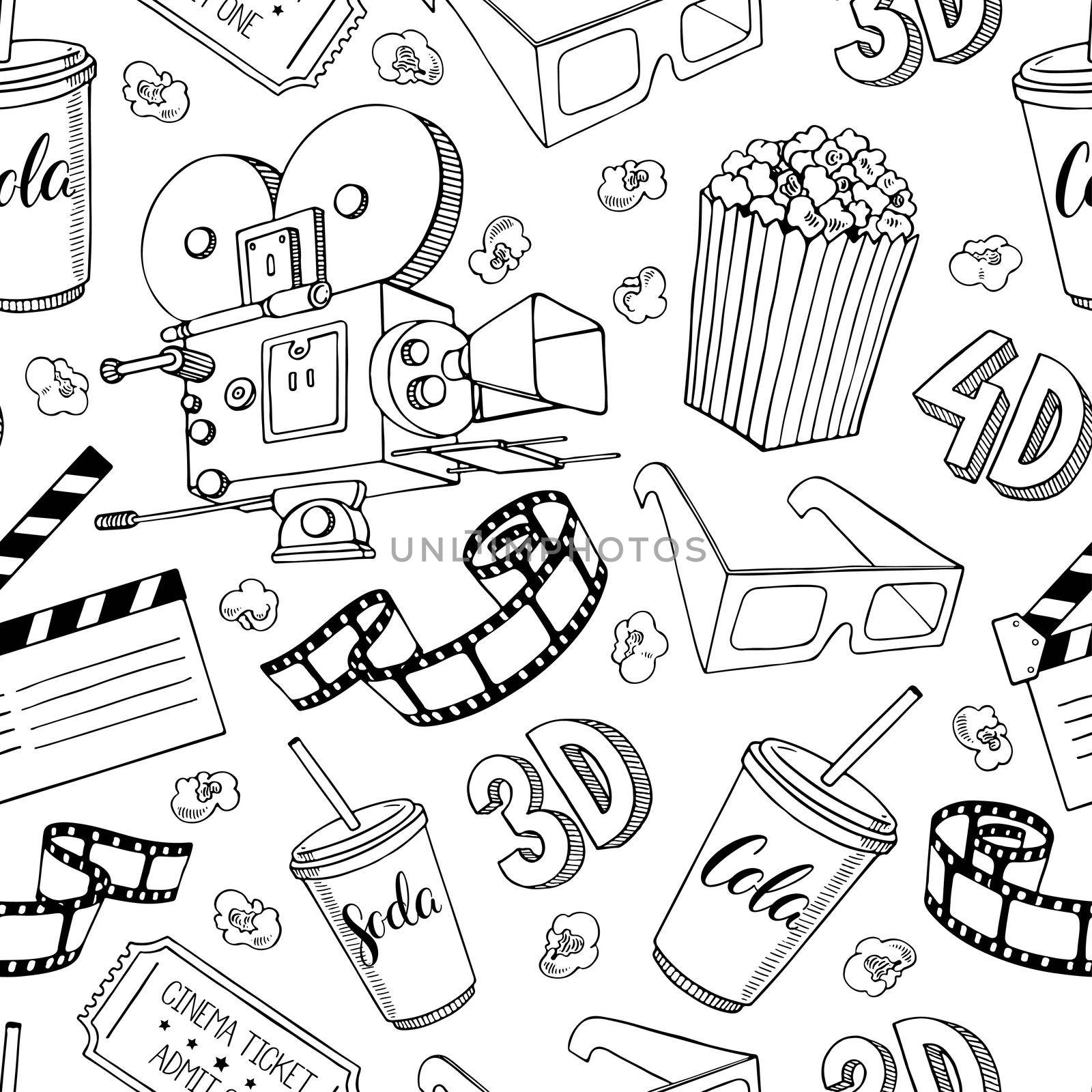 cute seamless pattern of cinema attributes. Hand-drawn illustration