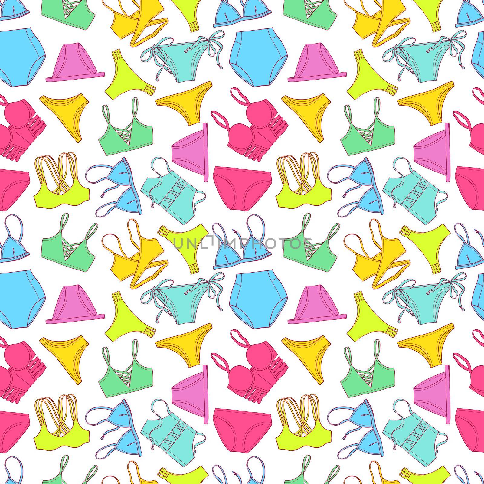 beautiful seamless pattern of colorful swimsuits. hand-drawn illustration